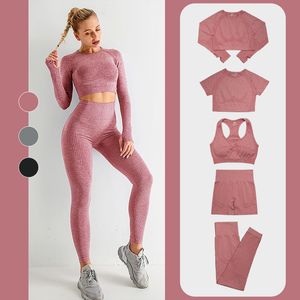 2 5 PCS Seamless Women Yoga Set Workout Sportswear Gym Clothing Fitness Long Sleeve Crop Top High Waist Leggings Sports Suits 220810