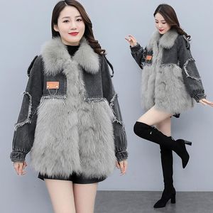 レディースジャケット韓国の干しburrカウボーイパッチワークフェイク女性デニムジャケット2022ウィンターカジュアルメスウォッシュ灰色の太い暖かいジーンズアウター