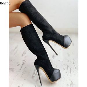 rontic handmade 여성 겨울 플랫폼 무릎 부츠 가짜 스웨이드 Stiletto 발 뒤꿈치 둥근 발가락 클래식 블랙 미국 크기 5-20