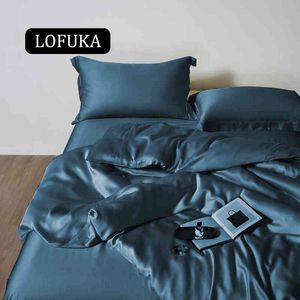 Set di biancheria da letto in seta 100% blu scuro di grado Lofuka Copripiumino per la salute della seta Copripiumino matrimoniale Queen King Federa per sonno profondo