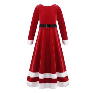 Girl's Dresses Kids Girls Christmas Costume Red Velvet Long Sleeves High Waist Belt Faux Fur Trimmed Dress Children Year Clothing