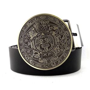 Wholesale bronze cowboy for sale - Group buy Belts Black PU Leather Men Casual With Bronze Aztec Mayan Calendar Round Big Metal Buckle Western Cowboy Male Accessories GiftsBelts