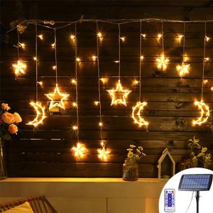 Strängar Solar LED Curtain String Light 3.5m Star Moon Fairy Wireless Outdoor For Home Wedding Party Garden Christmas Window Decorled