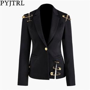 PYJTRL Donna Primavera Autunno Nero Scava Fuori Pin Impiombato Giacca Moda Manica Lunga Cappotto Donna 201210