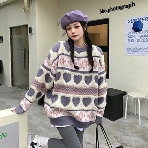 Vintage Leisure Womens Clothing Sweater Lazy Wind Purple Crew Neck Pullover Winter Long Sleeves HeartShaped Knitting Tops 220817