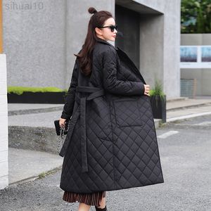 Super długi prosty płaszcz zimowy z wzorem Rhombus Casual Sashes Women Parkas Deep Pocketsa