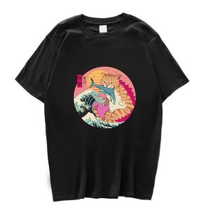 Surf Cat Japanese Printed Funny Men / Women Tshirt Anime Shirt Oversized Clothes O-Neck T-shirts för män Tops Tees 220408
