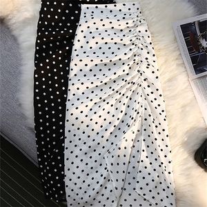 Syiwidii Shirring Side Slit Womens Skirts Polka Dot Print White High Waist Back Elastic Band Elastic Ladies Midi Long Skirt 220701