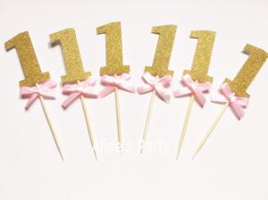 Altre forniture per feste festive fatte a mano in oro argento ONE Cake Topper 1 ° compleanno decorazione numero 1 con fiocchi rosa Cupcake Toppers Food Fru