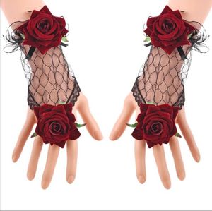 Gotik Fishnet Eldivenler Rhinestone Dantel Tül Partisi Kostüm Aksesuarları Düğün Lolita Victoria Çiçek Gelinler Nedime Bow Mittens