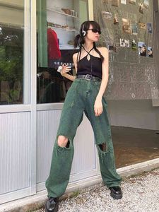 Washed Green Jeans Ripped Baggy Wide Pipe Pants Vintage Casual Y2K Harajuku Hip Hop Streetwear Female Denim Mom Pants L220726