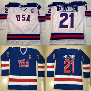 MIT # 21 Mike Eruzione Jersey 1980 Mucize Buz Hokeyi Jersey Mens 100% Dikişli Nakış S Takımı ABD Hokey Formaları Mavi Beyaz