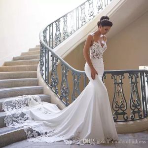 Robe De Mariee 섹시한 스파게티 스트랩 비치 인어 웨딩 드레스 2022 자수 레이스 Applique Backless Bridal Dress PRO232