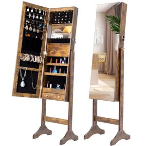 "US Stock Fashion Jewelry Storage Mirror Cabinet with LED Lights - Stylish Furniture for Living Room or Bedroom Organization and Display"