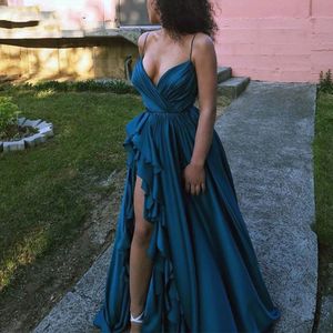 Spaghetti Straps V Neck Long Evening Dresses Sexy A Line Prom Gowns For Women Party High Split Backless Formal Robe De Soriee