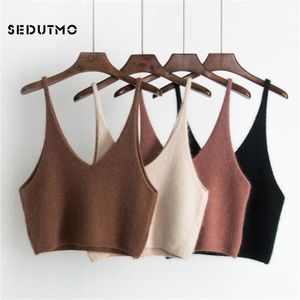 SEDUTMO Frühling Gestrickte Tank Top Frauen Kurze Crop Top Camis Bralette Sexy Ärmellose Spaghetti Strap Weiß Halter Top ED637 210401