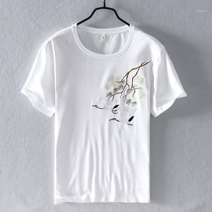 Herr t-shirts kinesisk stil kort ärm sommar män o-hals krage smal fågel blommig broderi casual tees topps man