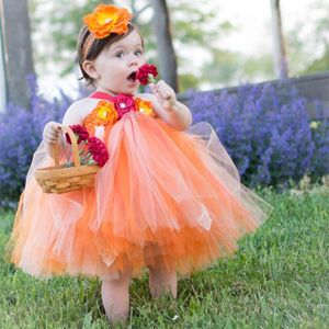 Flickans klänningar Baby Girls Orange Flower Lace Tutu Dress Kids Tulle Ball Gown With Hairbow Children Birthday Halloween Party Costume Dressgir