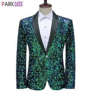 Shiny Green Sequins Bling Glitter Blazer Men Shawl Collar One Button Tuxedo Suits&Blazer Mens Wedding Party Stage Costumes 220812