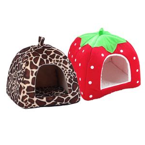 Kennel Foldable Soft Winter Leopard Dog Bed Strawberry Cave Dog House Cute Nest Fleece Cat Housethe