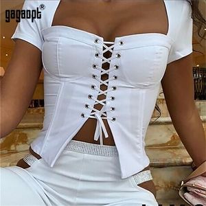Gagaopt Summer Short Sleeve Tops Women Fashion Lace Up Tops Sexy Tops Streetwear Blusas 210317