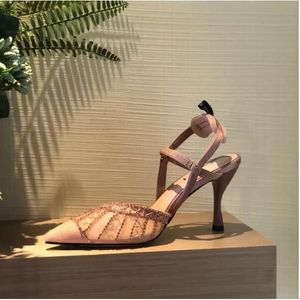 Top Quality Embroidered Ankle-Strap shoes pink high-heeled slingbacks pumps spool heels women's Luxury Designers Dress shoe Evening heel sandals factory footwear