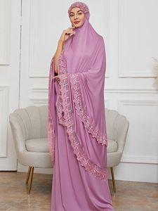 エスニック服ラマダンジルバブロングキマーイスラム教徒アバヤ女性祈りの祈りの服装サウジアラビアドレスレーストリムシルキー2ピーススカート