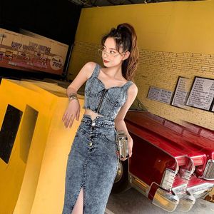 Work Dresses Jeans Vest Strap Tops Skirts Sets Straps Buttons Denim Split Button Pencik Knee-Length Suits For Woman Sexy Outfits Two PieceWo