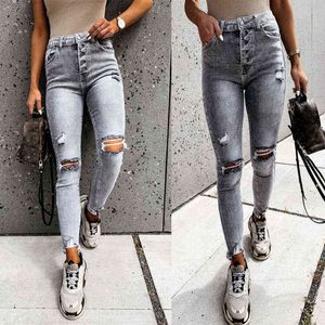 Snygga grå mager jeans kvinnor streetwear hög midja rippade hål blyerts jeans stretchiga kvinnliga jeans sommar kvinnor byxor l220726