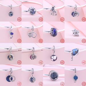 925 Sterling Silver Dangle Charm Blue Planet Stars Moon Pendant Clip Space Journey Beads Bead Fit Pandora Charms Bracelet DIY Jewelry Accessories