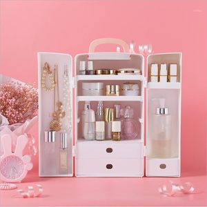 Bathroom Storage & Organization Cute Plastic Makeup Organizer With A Bow Portable Cosmetic Jewel Box Waterproof Two Drawers