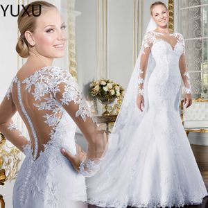 Custom Made 2022 Beautiful Court Train Illusion Transparent Back Beaded Lace Mermaid Spring Wedding Dresses Bridal Gowns