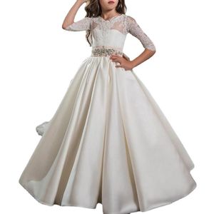 Girl's Dresses Flower Girls Dress With Bow Elegant First Holy Communion Gowns Jewel Neck Lace Open Back Satin Pageant Clothing 14 Year Old G