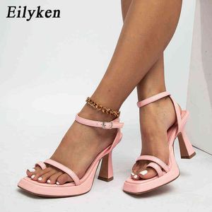 Nxy Sandals Pink Orange Gladiator Square Toe High Heels Women Fashion Buckle Strap Shoes Design Casual Party Pump