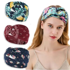 Faixa de cabeça cruzada feminina boêmia estampa de malha de malha Sweat Absorve Headscarf Sports Yoga Running Hair Band Acessórios Presente Presente