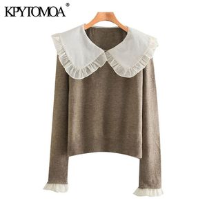 KPYTOMOA Women Mashwork Patchwork Ruffled Knited Sweater Vintage Peter Pan kołnierz długie rękawy żeńskie pullover eleganckie topy 210203