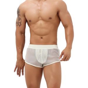 Shorts masculinos de malha casual sexy veja através de baús de natação de fitness sport de praia de fundo de sono respirável solto de calça curta