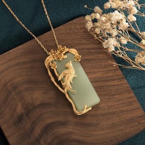 Anhänger Halsketten China Stil Design Klassische Frauen Kupfer Vergoldet Elster Blume Zweig Grün Quadrat Hetian Jade Halskette Anhänger Sidn22