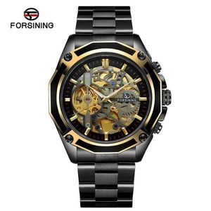 Automatisk ny Forsining Mechanical Men armbandsur Militär Sport Male Clock Top Brand Luxury Rostfritt stål Skeleton Man Watch 8130