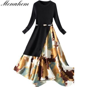Casual Dresses Menahem 2022 Fashion Elegant Flower Print Patchwork Sticked tröja klänning Kvinnor långärmad stretchbälte split vestidoscasual
