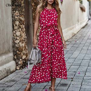 Summer Women Polka-Dot Long Dress Beach Dresses Strapless Casual White Midi Sundress Red Vacation Clothes For 220426