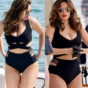 2021 Sexy Bikini European and American Black Plus Full Size Bikini Split Swimwear Female High Waist Hollow Belt Fat Large 210305