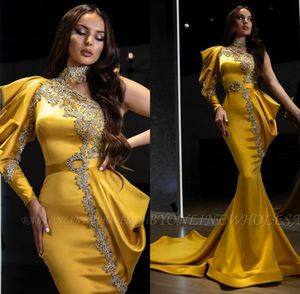 Дубай желтое одно плечо Стиловое русалка вечернее платье 2022 Чистое высокий шейки из бисера.