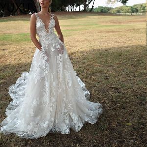 Backless 2022 Boho Hochzeitskleid 3D Appliziert Sommer Strand Brautkleider aus der Schulter Tüll Lieben Spitze Outdoor Dame Ehe Kleider