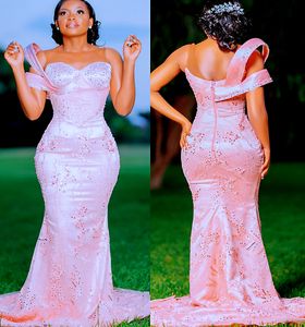 2022 Plus Size Arabic Aso Ebi Pink Mermaid Sexy Prom Dresses Lace Pärled Evening Formal Party Second Reception Födelsedagsengagemang Klänningar ZJ775