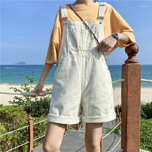 Women's Jumpsuits & Rompers Summer White Denim Jumpsuit Retro Harajuku High Waist Wide Leg Jeans Overalls Pocket Roll Up Strap Shorts Jumpsu