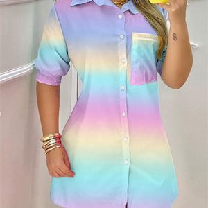 Summer Women Short Sleeve Long Shirt Mini Dress Printed Turn-Down Collar Shirt Dress Fashion Loose Shirt Dresses For Women 220623