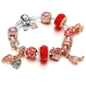 Fashion 925 Sterling Silver Red Murano Lampwork Glass & European Charm Beads Leaves Pink Rose Gold Crystal Crown Dangle Fits Pandora Charm Bracelets Necklace B8