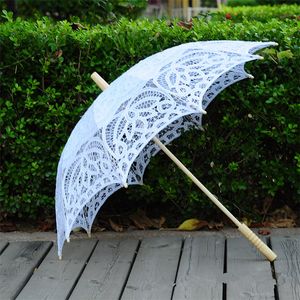 Parasole in pizzo artigianato ombrello ombrello gancio di cotone fiore matrimonio dritta manico in legno manico beige parasols