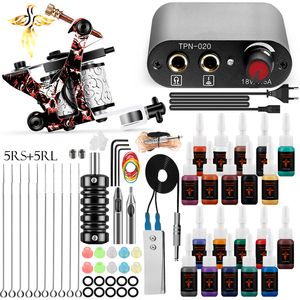 Tattoo Machine Set Nybörjare Practice Needles Pigment Foot Pedal Power Cord Equipment levererar Shader Liner Kit 220617